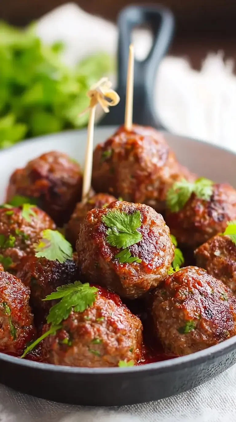 Golden brown baked beef meatballs garnished with fresh green cilantro on a baking sheet