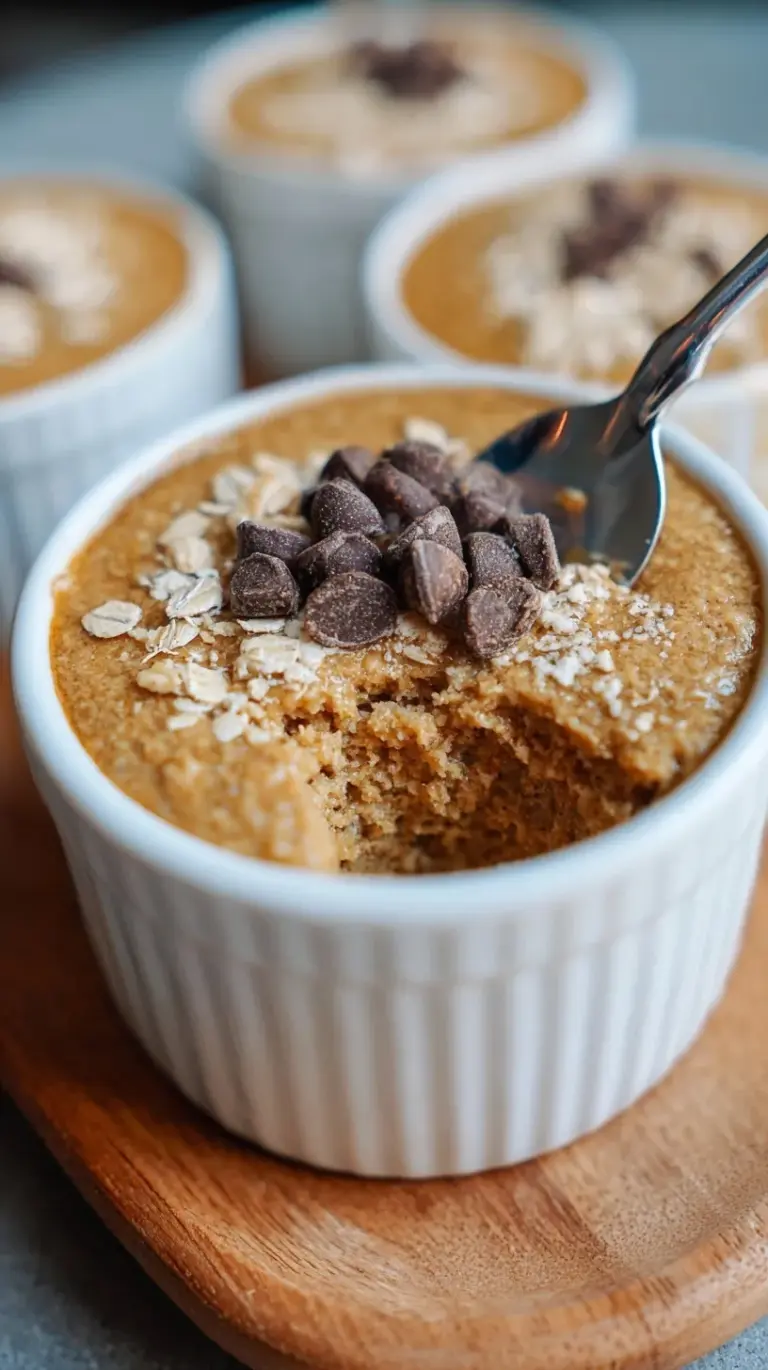 A single-serve ramekin of golden blender baked oats topped with melted chocolate chips.