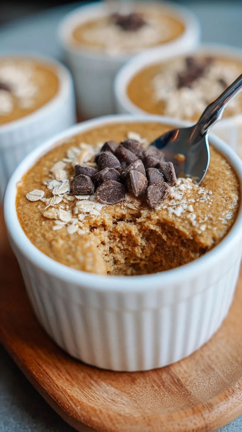 A single-serve ramekin of golden blender baked oats topped with melted chocolate chips.