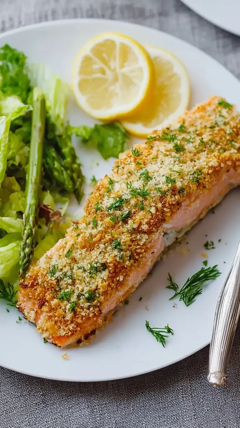 A golden-brown Baked Parmesan Crusted Salmon fillet on a baking sheet with lemon slices.