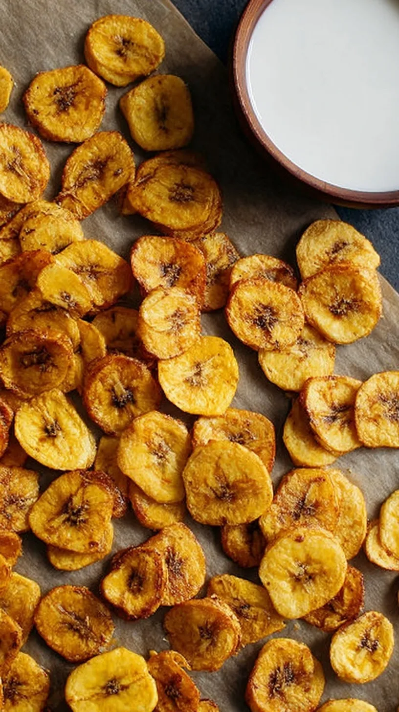 A bowl of golden, crispy baked plantain chips on a wooden surface