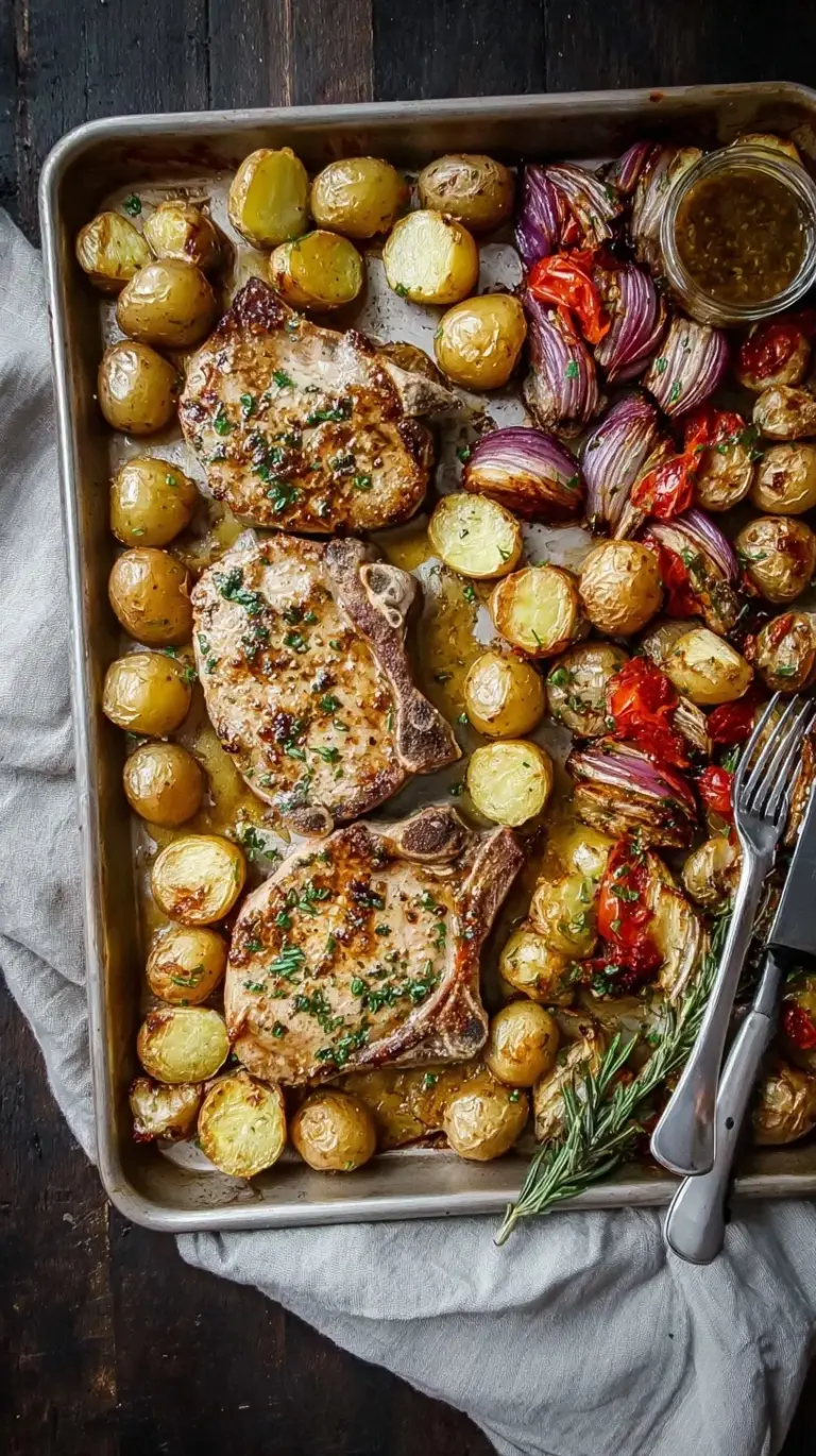 Golden roasted pork chops and baby potatoes on a sheet pan with fresh herbs