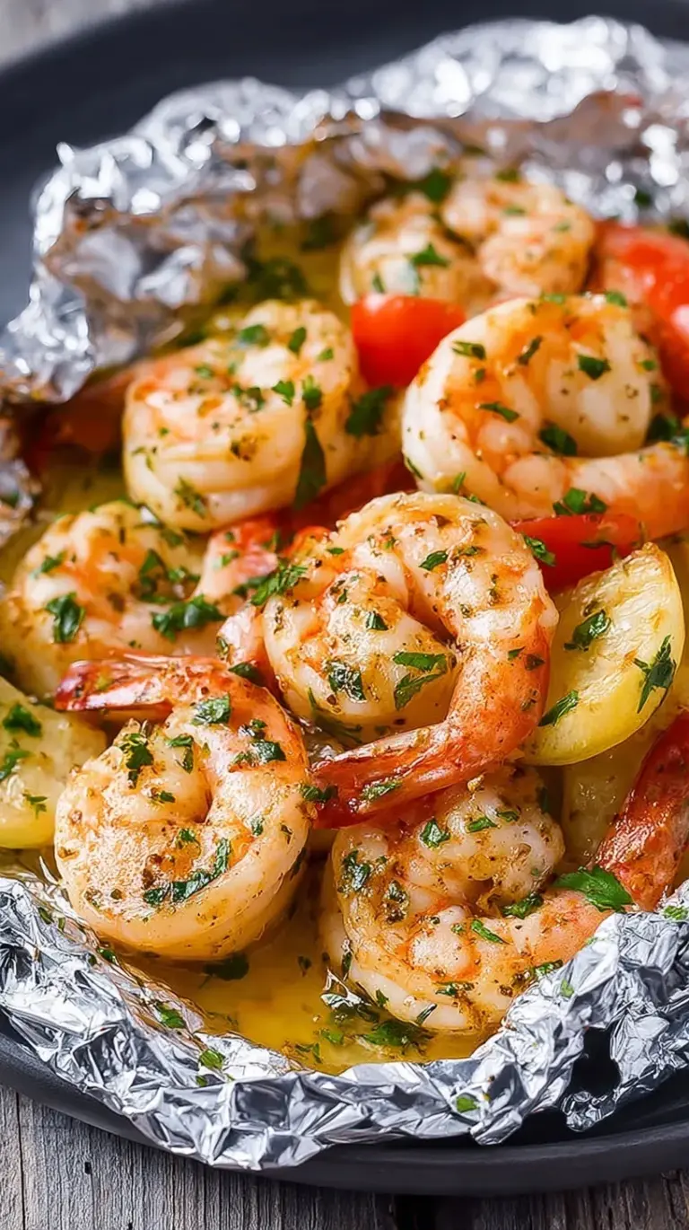 Individual foil packets opened to reveal steamed shrimp, sausage, and corn on the cob with garlic butter and parsley.