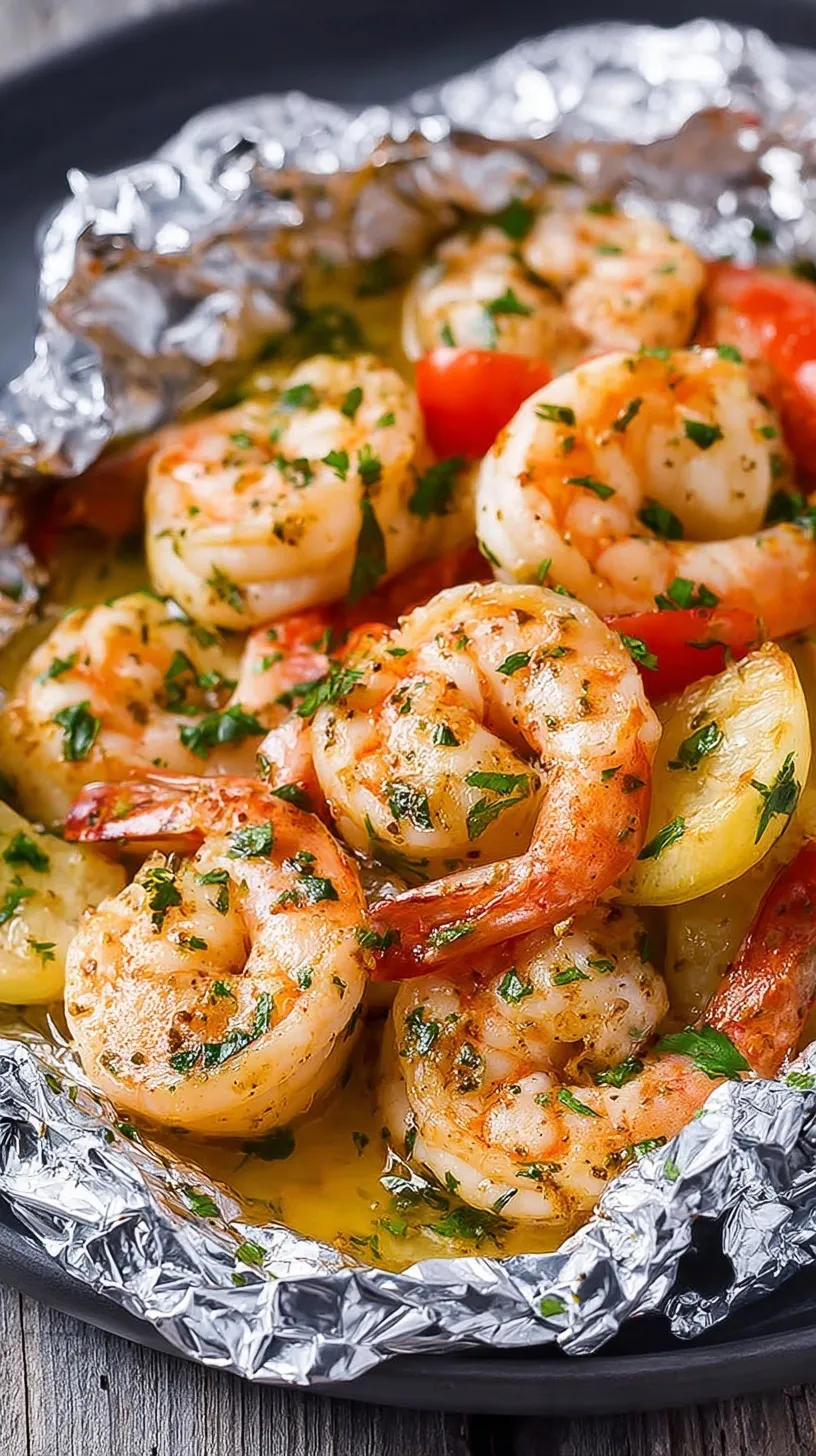 Individual foil packets opened to reveal steamed shrimp, sausage, and corn on the cob with garlic butter and parsley.