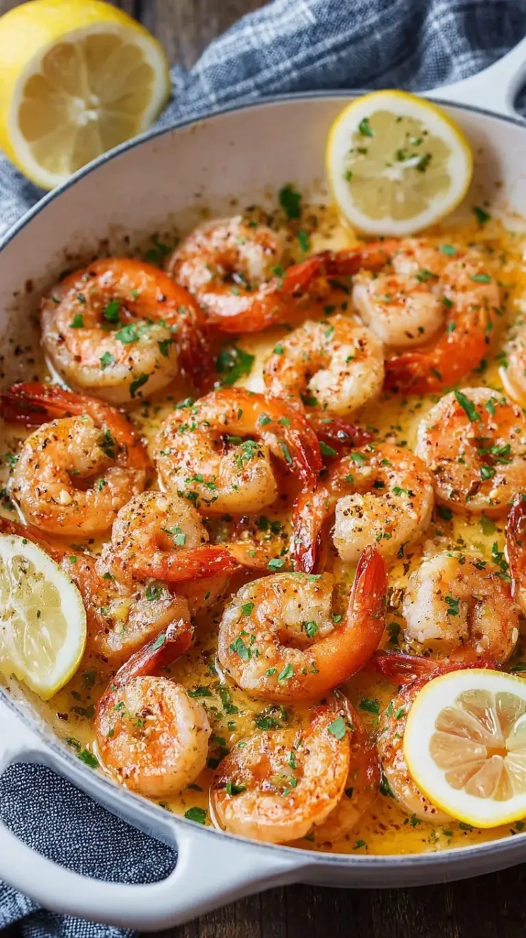 A white baking dish filled with pink baked shrimp, lemon slices, and fresh green parsley in a golden butter sauce.
