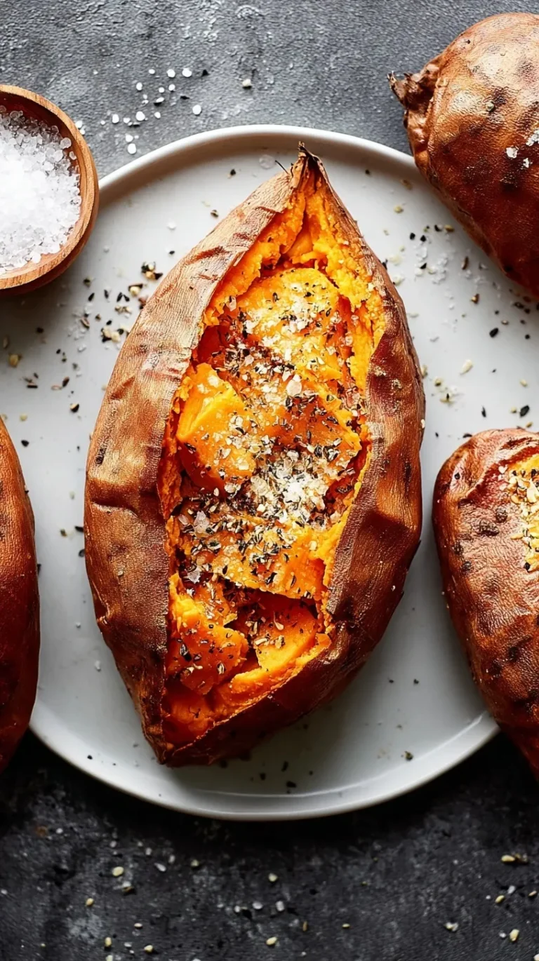 Golden baked sweet potato split open revealing fluffy orange interior with steam rising