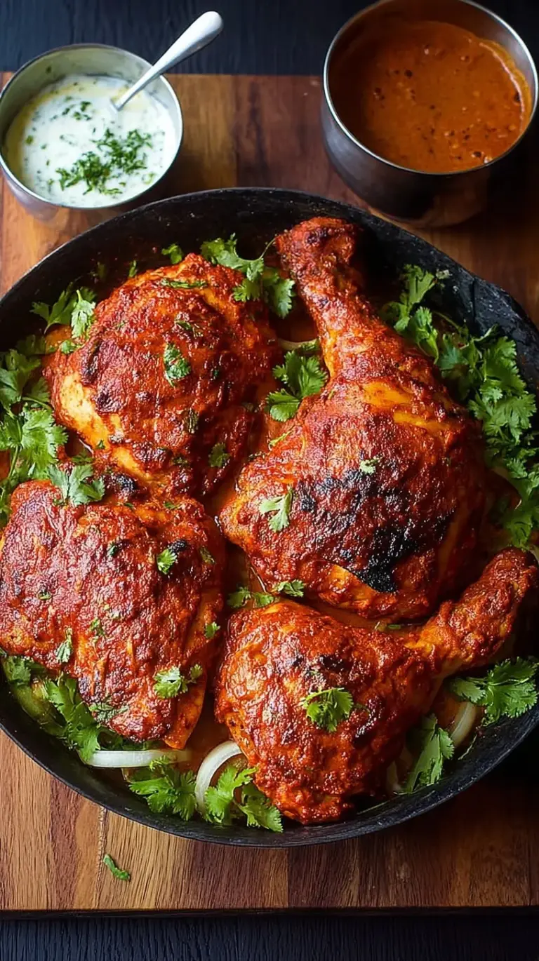 A platter of golden-brown Baked Tandoori Chicken with charred edges and fresh lemon wedges.