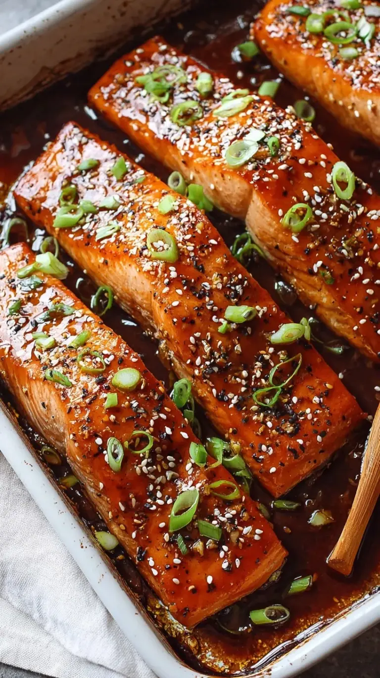 A close up of a flaky baked teriyaki salmon fillet topped with sesame seeds and green onions on a white plate.