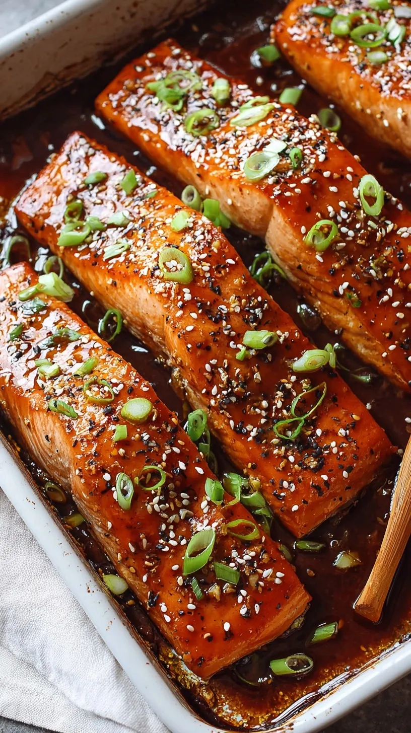 A close up of a flaky baked teriyaki salmon fillet topped with sesame seeds and green onions on a white plate.