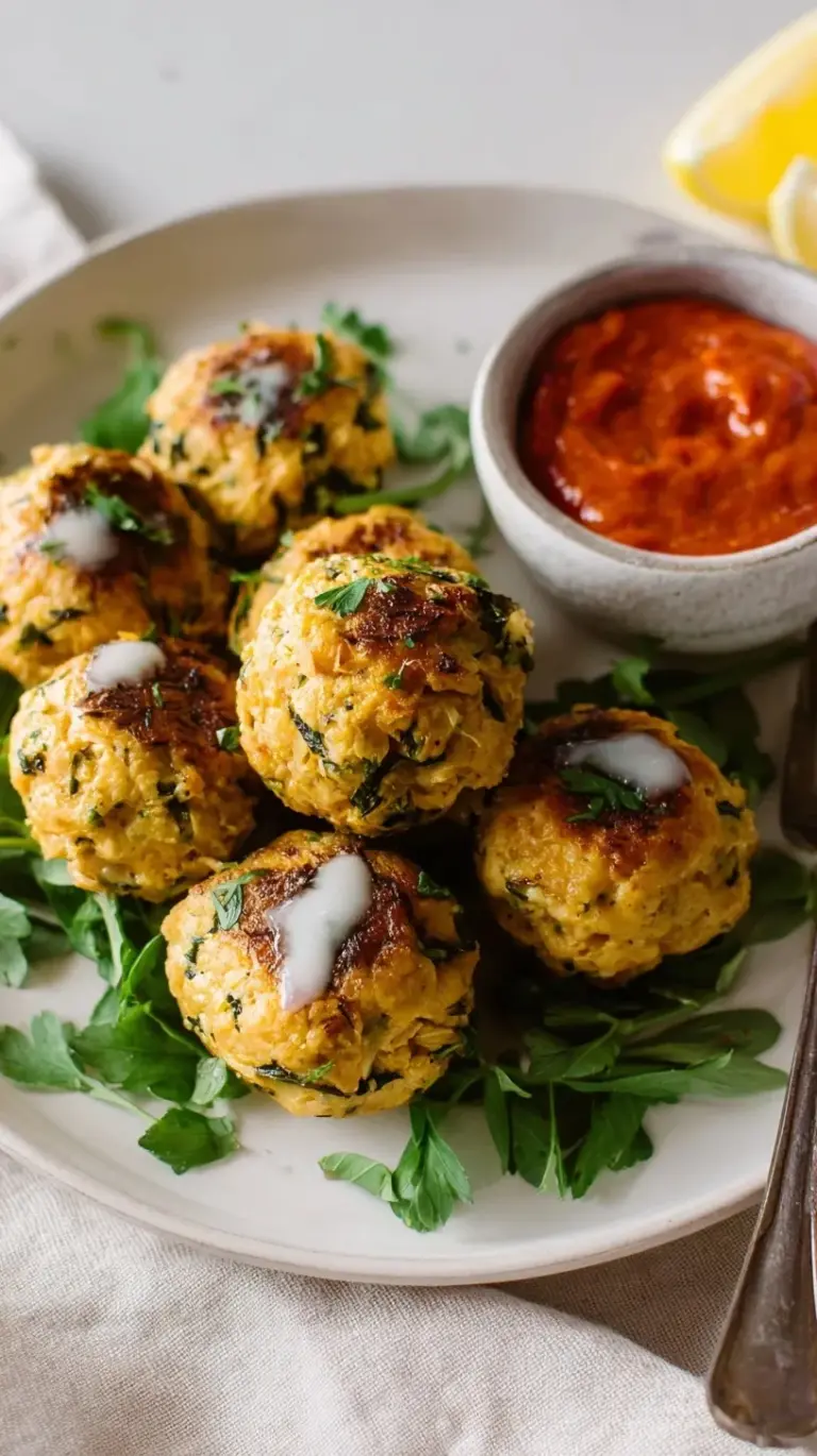 A plate of golden brown baked tuna meatballs garnished with fresh parsley and lemon wedges, ready to be served.