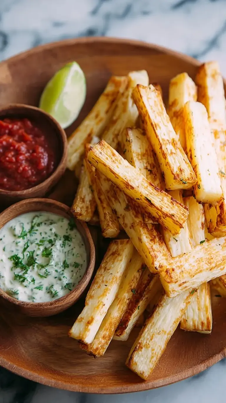 Golden brown baked yuca fries arranged on a baking sheet with a side of dipping sauce.