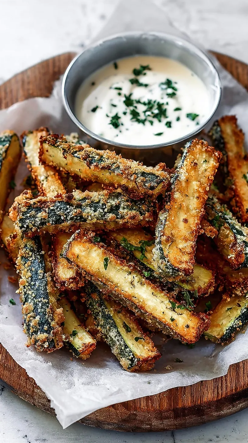 A plate of golden-brown, crispy baked zucchini fries with a small bowl of dipping sauce, highlighting their gluten-free and low-carb nature.