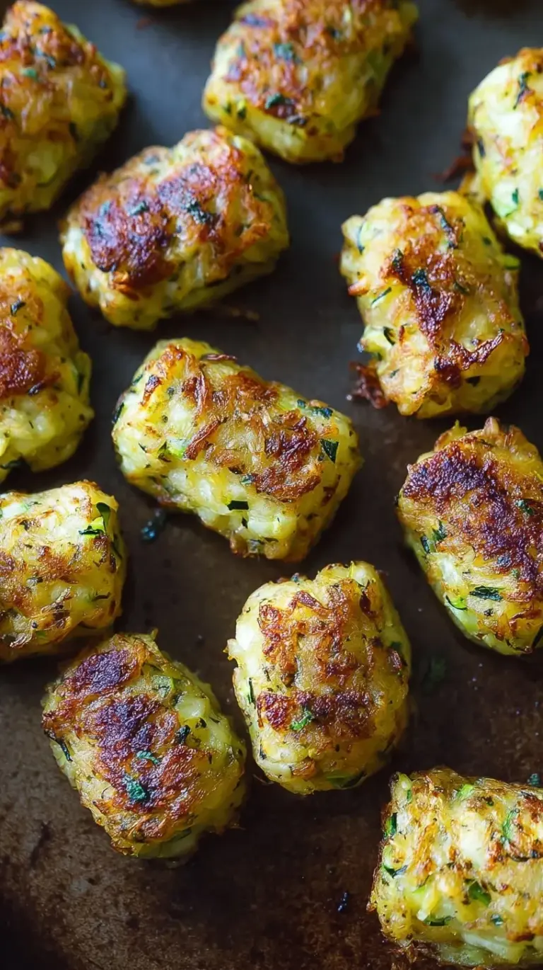 Golden brown baked zucchini potato tots lined up on a parchment-covered baking sheet