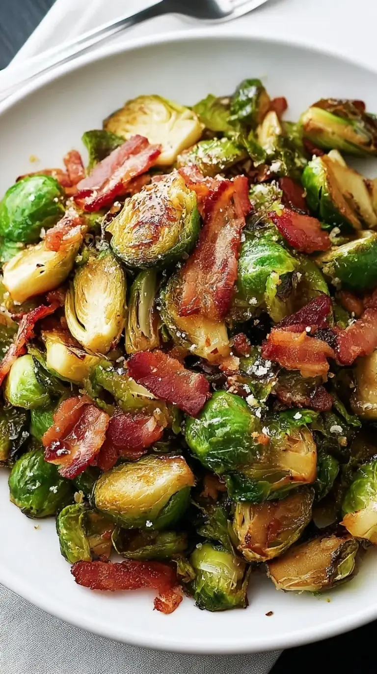 Golden-brown Balsamic Bacon Brussels Sprouts in a serving dish, garnished with fresh herbs.