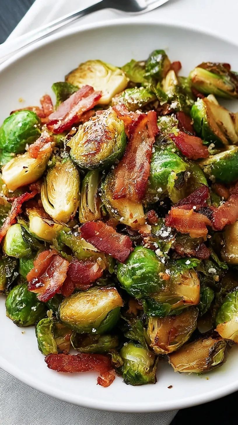 Golden-brown Balsamic Bacon Brussels Sprouts in a serving dish, garnished with fresh herbs.