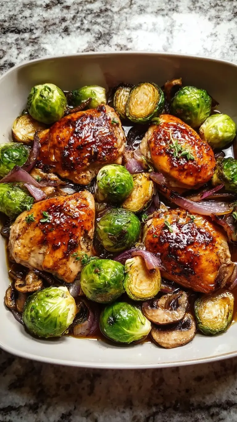 A vibrant sheet pan with golden-brown Balsamic Chicken and Brussels Sprouts, glistening with glaze, ready to serve.