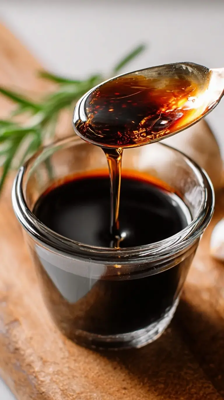 A glass jar filled with thick, glossy dark balsamic glaze next to fresh basil leaves.
