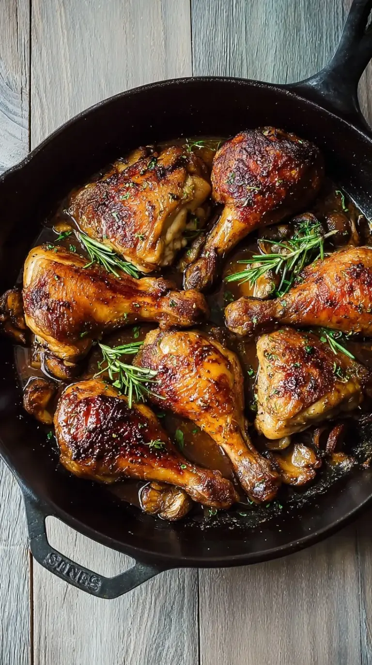 Golden brown chicken drumsticks coated in a dark, glossy balsamic honey glaze in a black cast iron skillet.