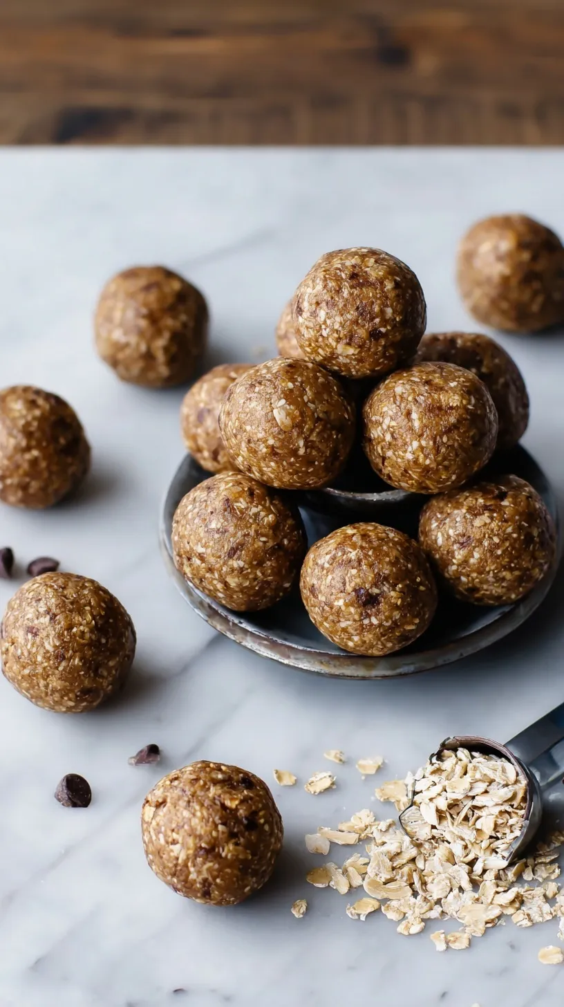 A plate of round banana bread energy balls with chopped walnuts and oats.