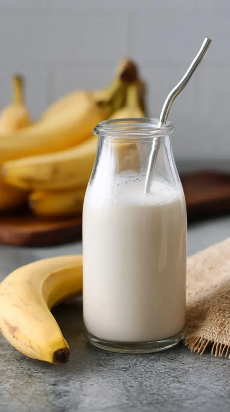 A glass of creamy, golden vegan banana milk with sliced bananas and a straw, showcasing its dairy-free goodness.