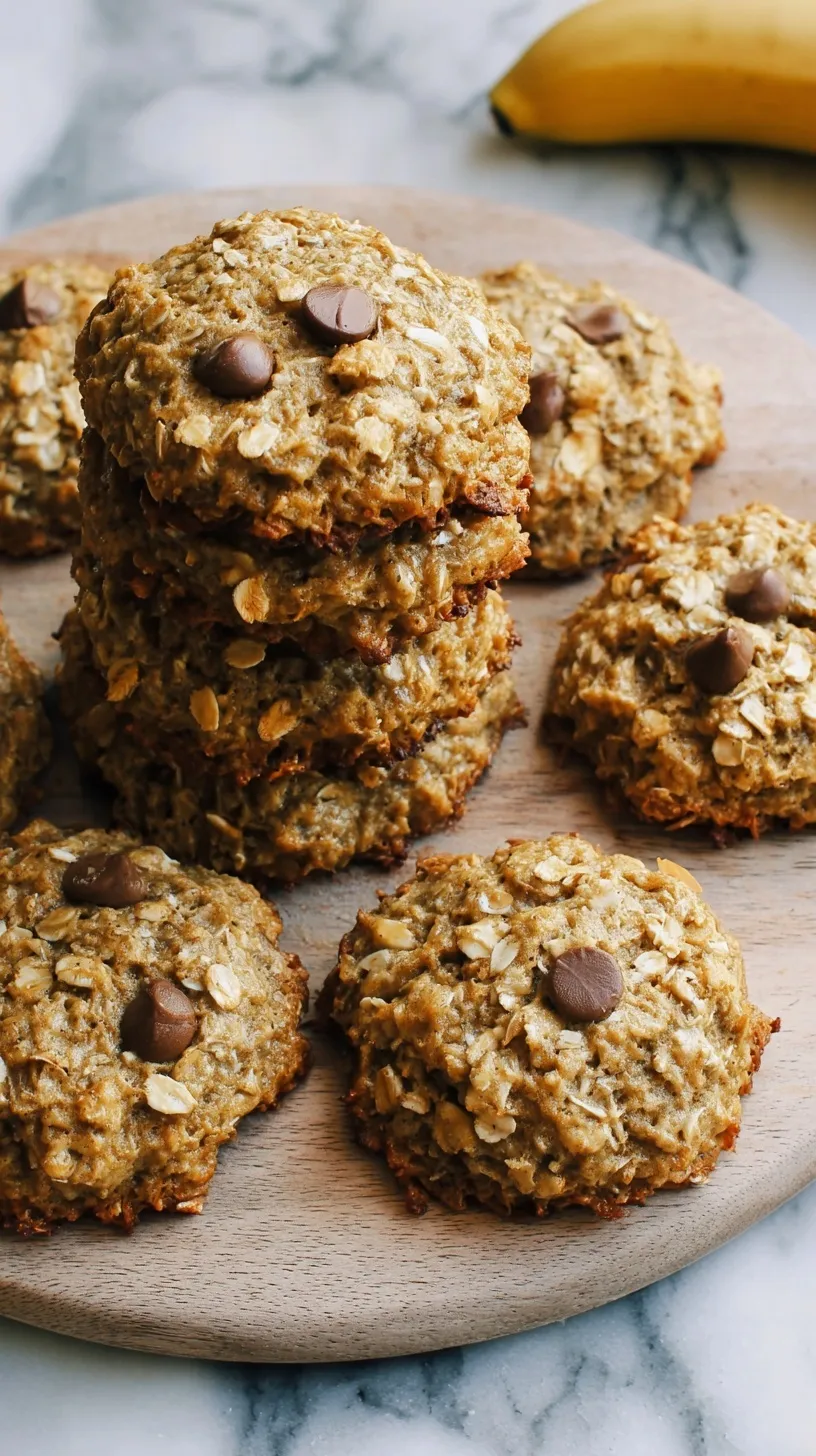 Stack of golden banana oatmeal cookies on a white plate with fresh banana slices