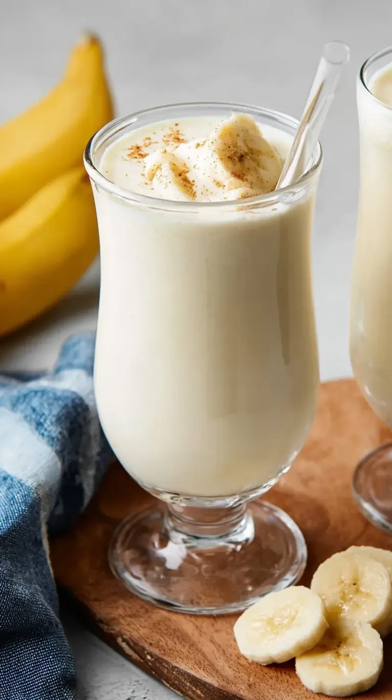 A tall glass of creamy banana smoothie with a straw on a bright kitchen counter.