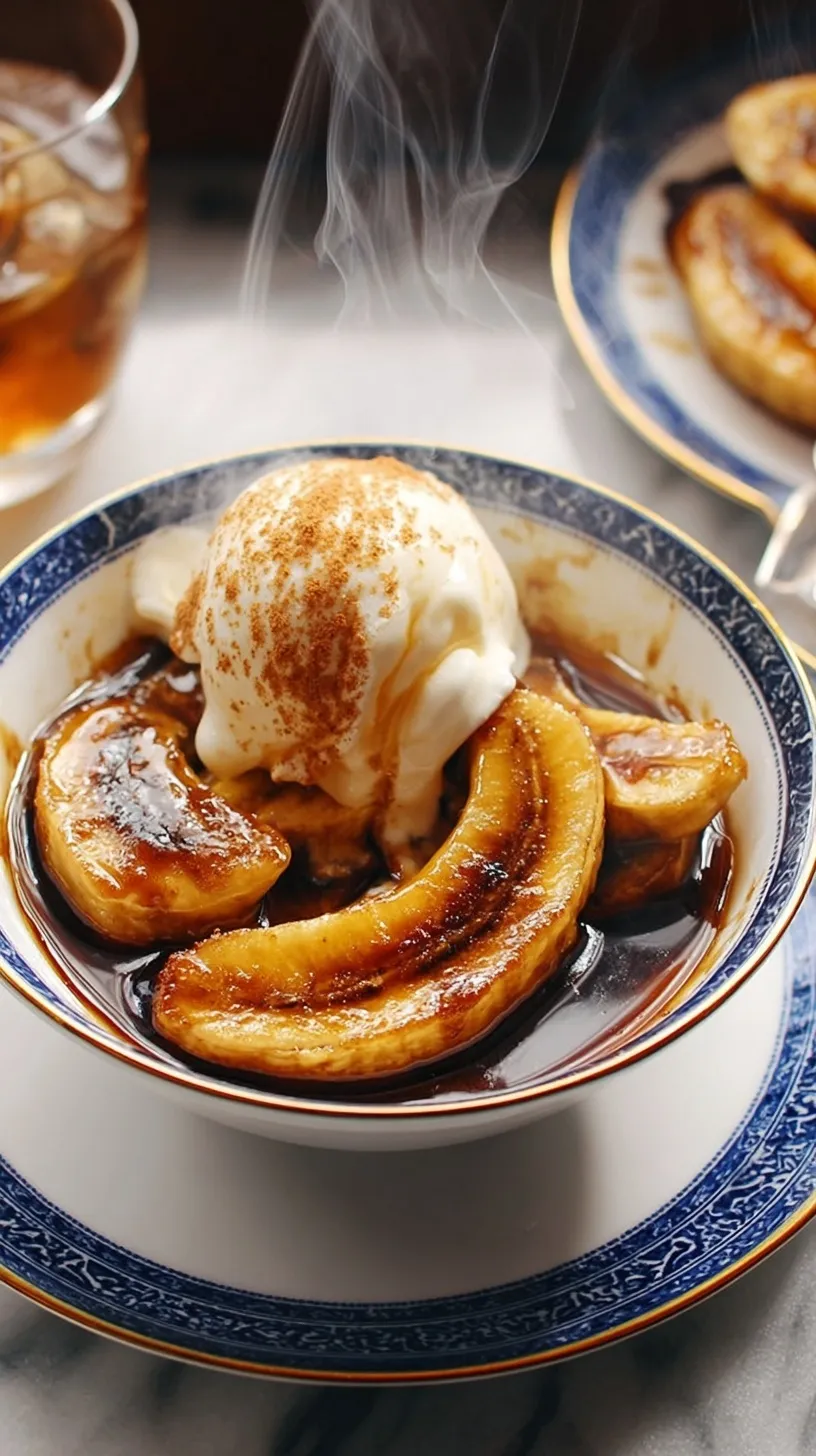 A close-up of golden Bananas Foster served over vanilla ice cream, with a rich caramel sauce glistening.