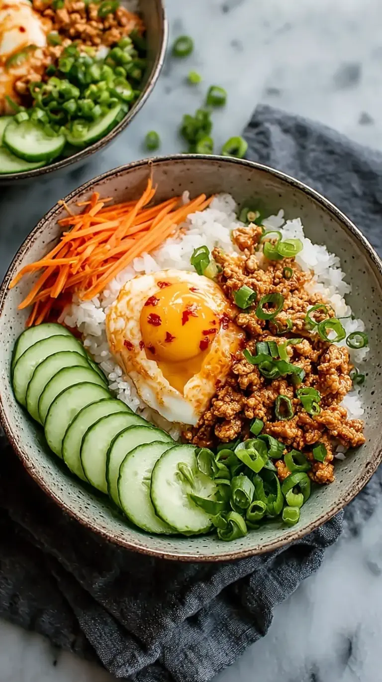 A colorful rice bowl topped with savory ground turkey, drizzled with creamy orange bang bang sauce, and garnished with fresh cucumbers and carrots.