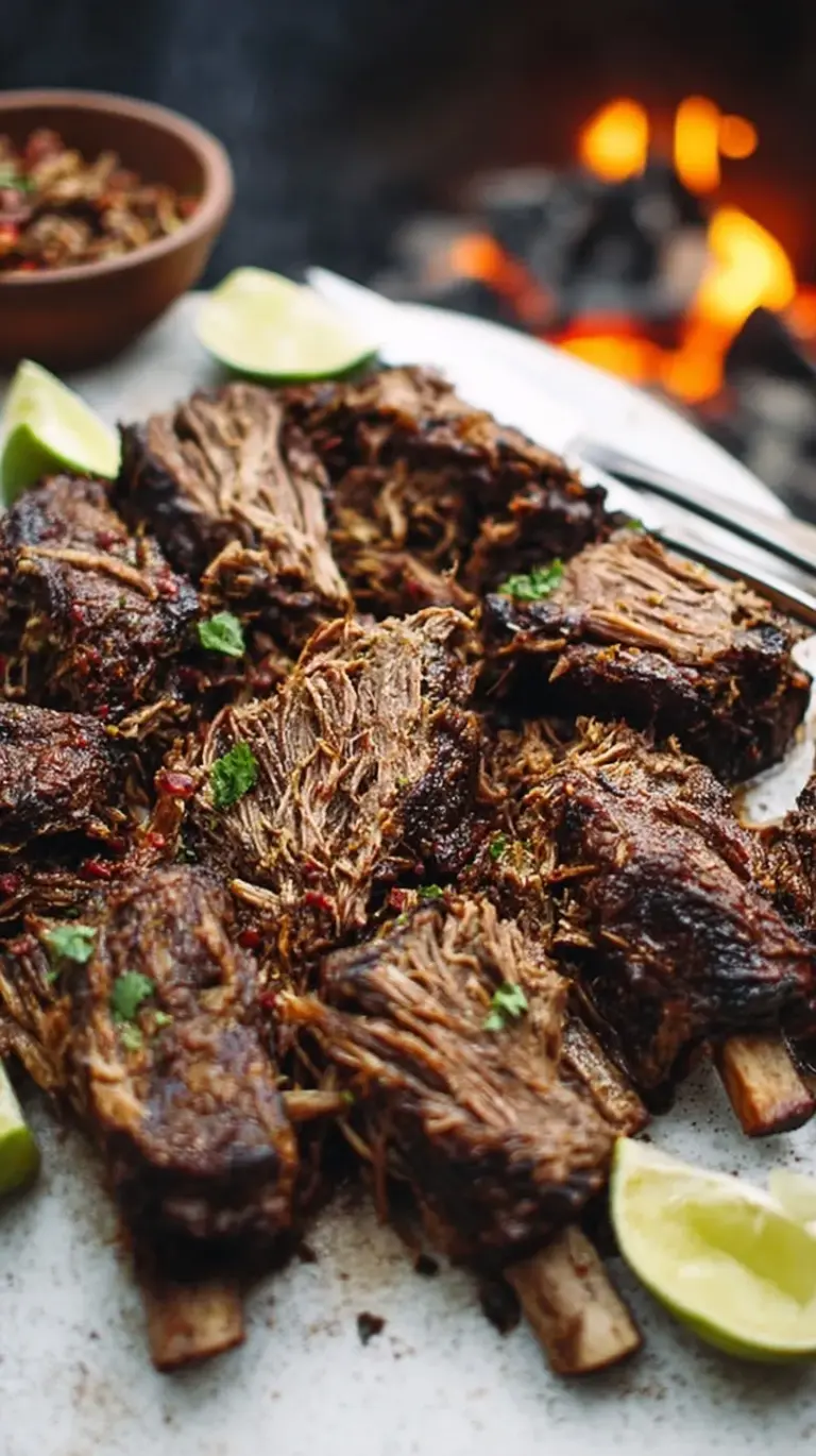 Close-up of shredded, tender slow cooker barbacoa beef in a bowl, garnished with cilantro and lime wedges.