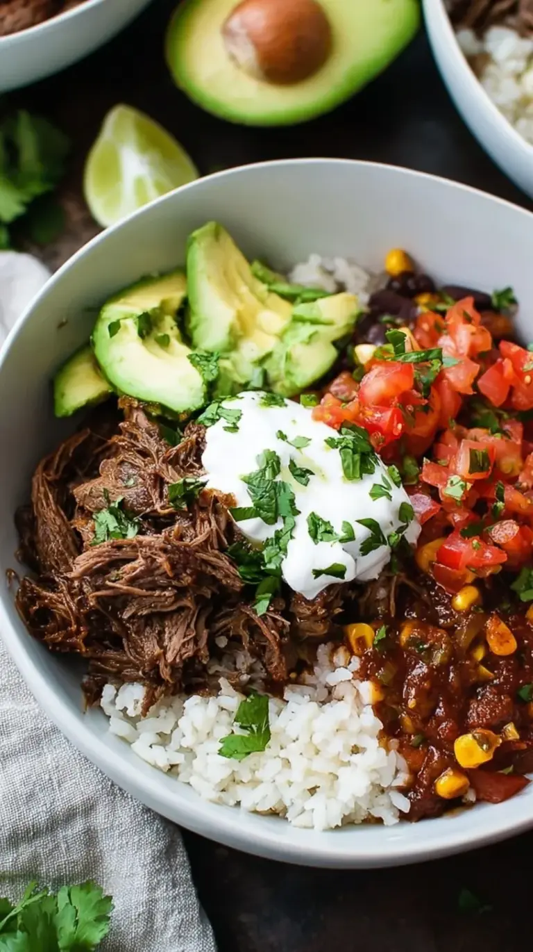 A vibrant Barbacoa Burrito Bowl with tender shredded beef, rice, black beans, corn, avocado, and fresh cilantro.