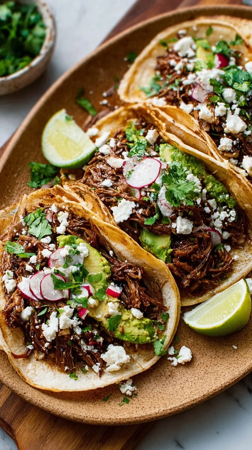 A close-up of two delicious Barbacoa Tacos filled with tender shredded beef, fresh cilantro, and diced red onion.