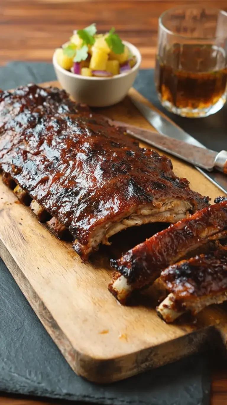 A rack of glazed barbecue ribs with a thick pineapple sauce on a wooden serving board.