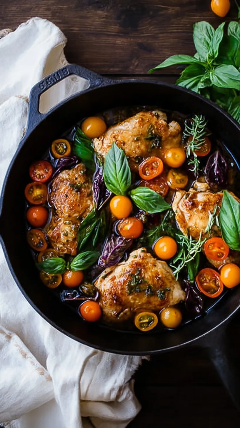 Close-up of golden-brown Basil Chicken with Kumquats, garnished with fresh basil leaves and served in a skillet.