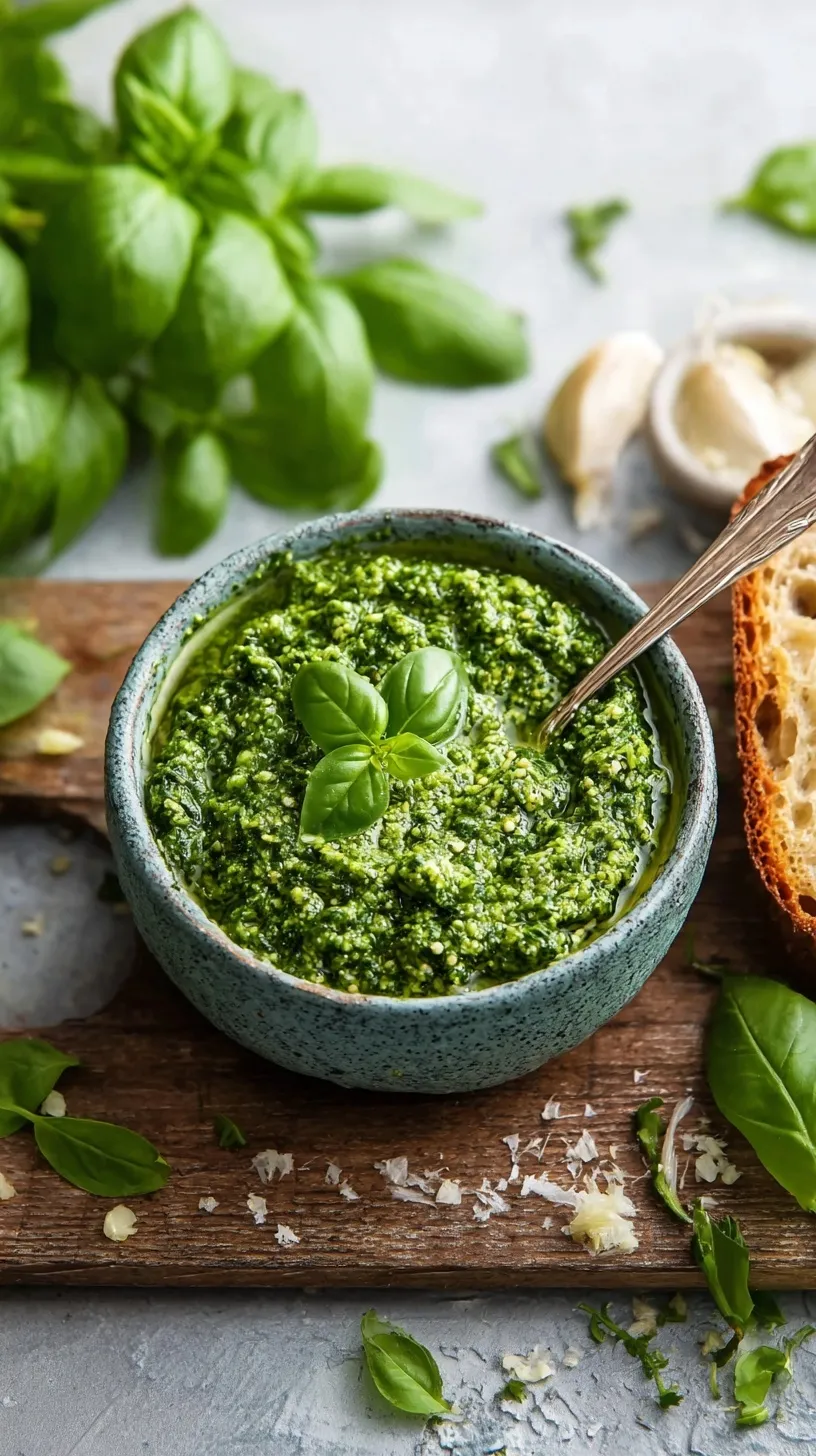 Bowl of vibrant green homemade basil pesto with fresh basil leaves and pine nuts on a rustic wooden table
