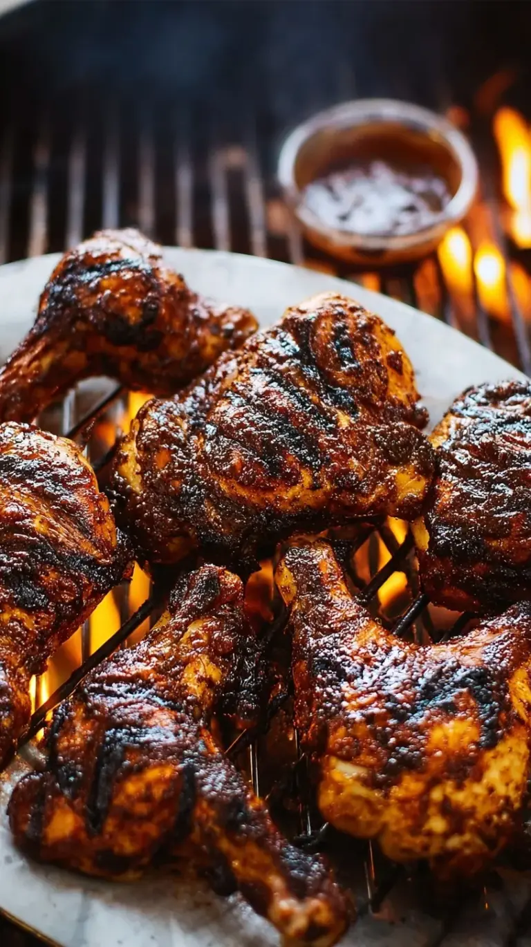 Close-up of perfectly grilled BBQ chicken breasts with char marks and glistening sauce, garnished with fresh parsley.