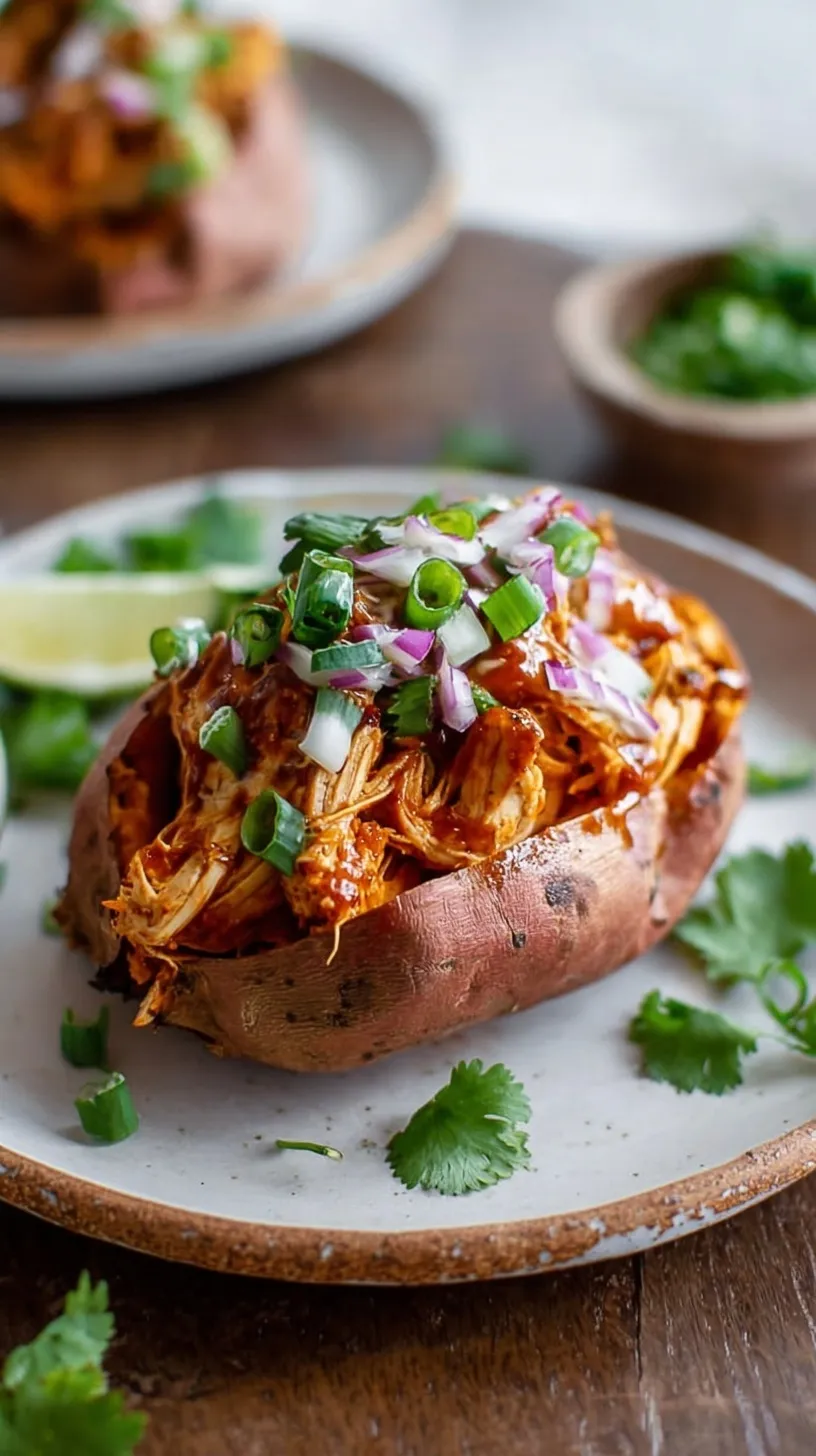 A close-up of two golden BBQ Chicken Stuffed Sweet Potatoes, garnished with fresh cilantro, on a rustic wooden board.
