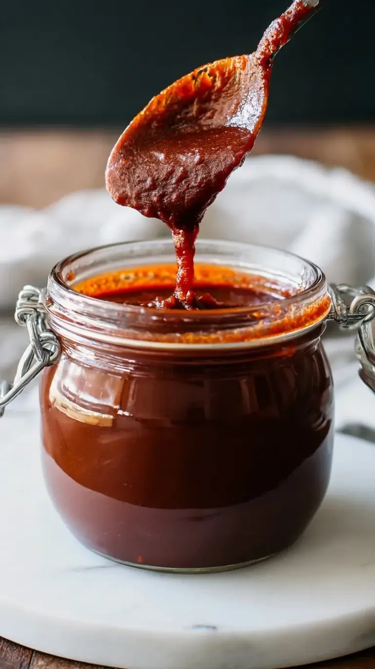 A glass jar filled with thick, glossy reddish-brown Kansas City style BBQ sauce next to a wooden spoon.