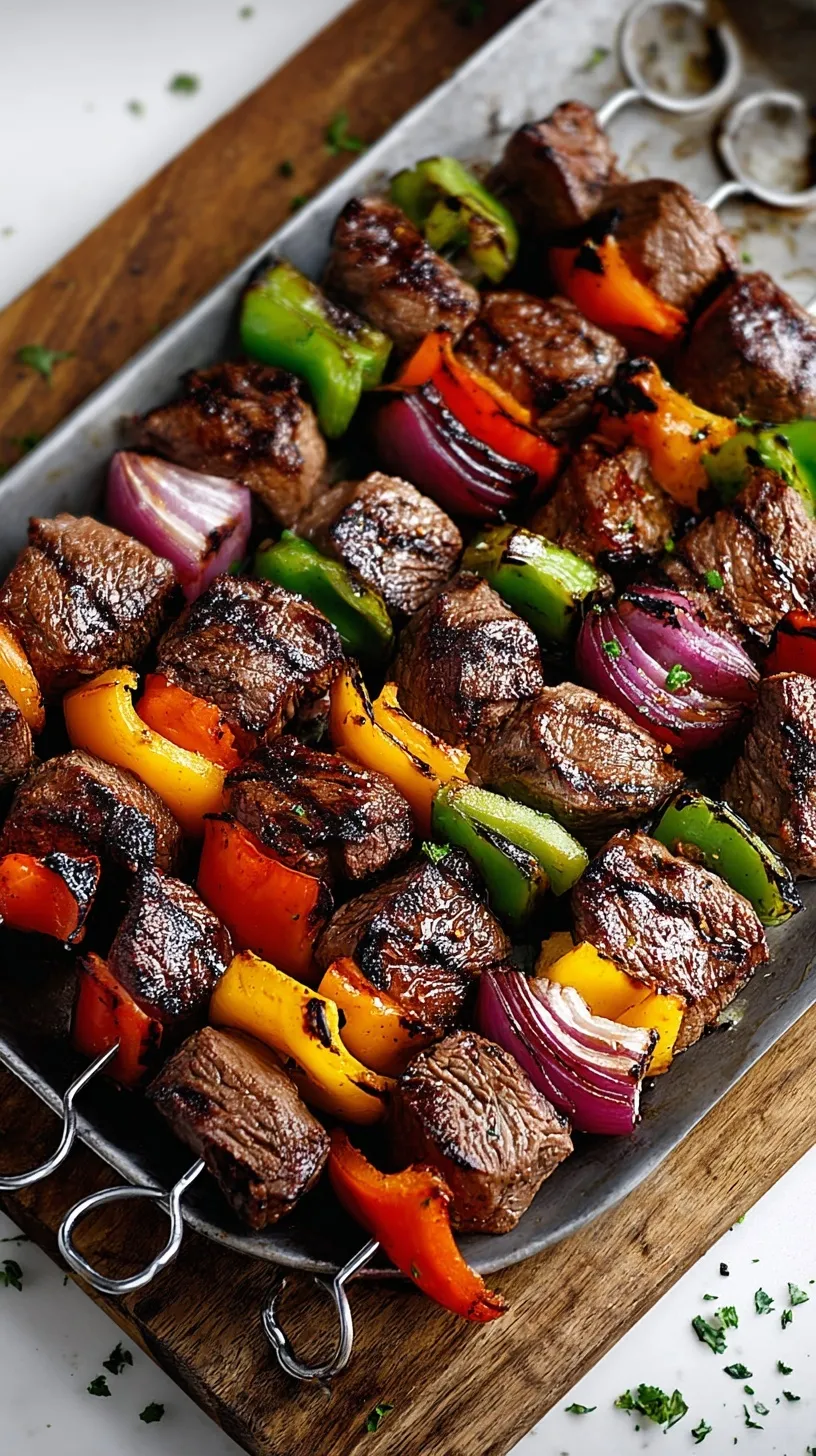 Close-up of perfectly grilled Beef Shish Kabobs with colorful bell peppers and onions on metal skewers, ready to serve.
