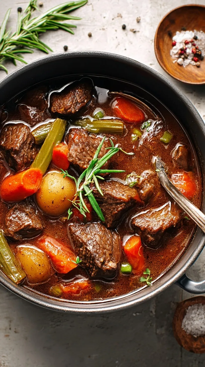 A steaming bowl of classic beef stew with tender beef chunks, carrots, and potatoes, garnished with fresh parsley.