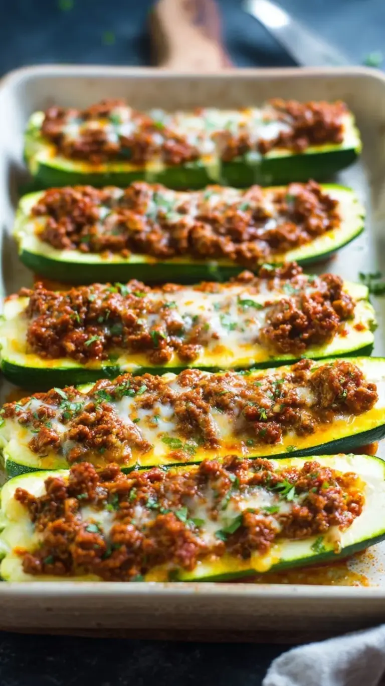 Golden brown beef stuffed zucchini boats topped with melted mozzarella and parmesan cheese in a baking dish.