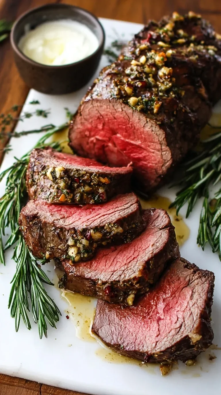 Perfectly roasted beef tenderloin roast with golden brown crust sliced on a wooden cutting board