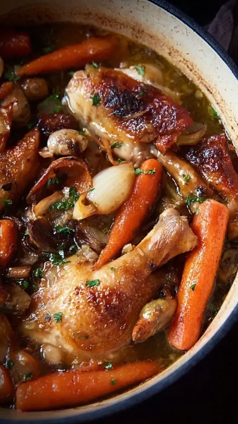 Golden brown beer braised chicken thighs in a Dutch oven with carrots and fresh parsley
