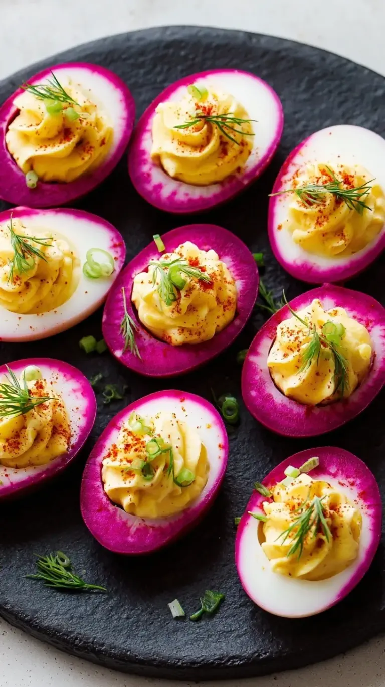 A platter of vibrant pink beet-stained deviled eggs topped with fresh chives.