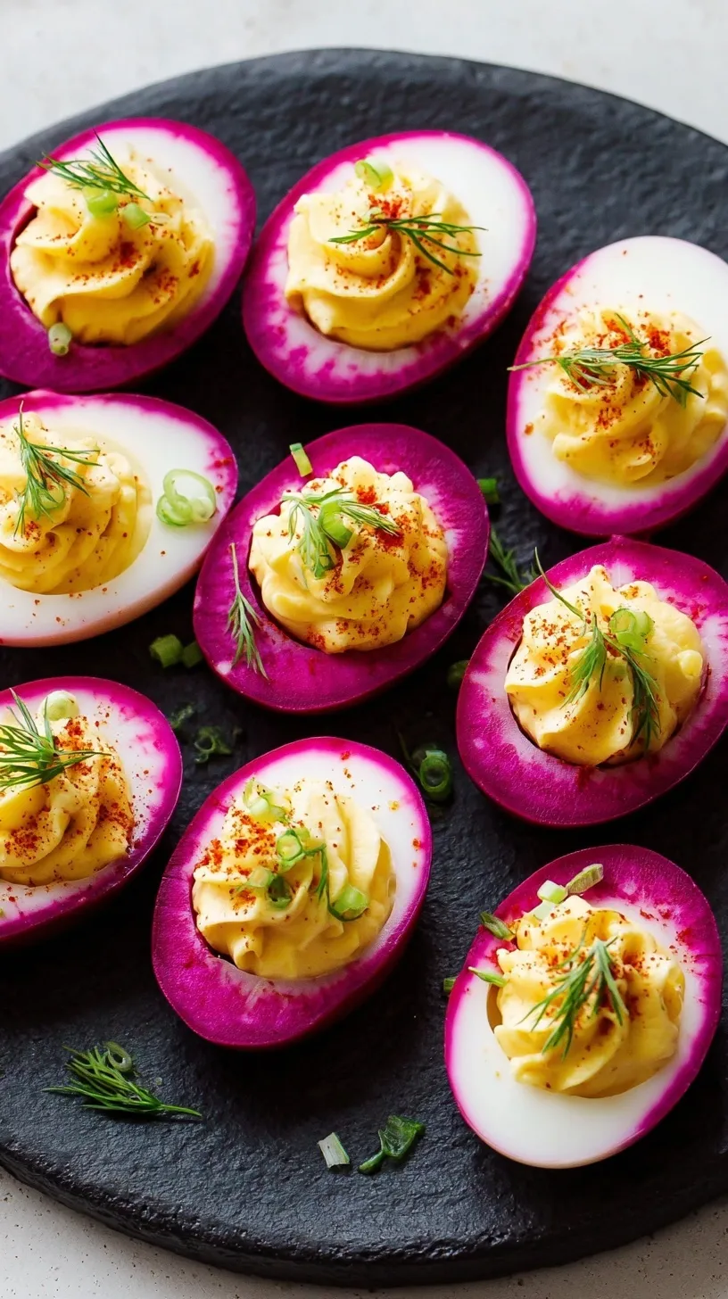 A platter of vibrant pink beet-stained deviled eggs topped with fresh chives.