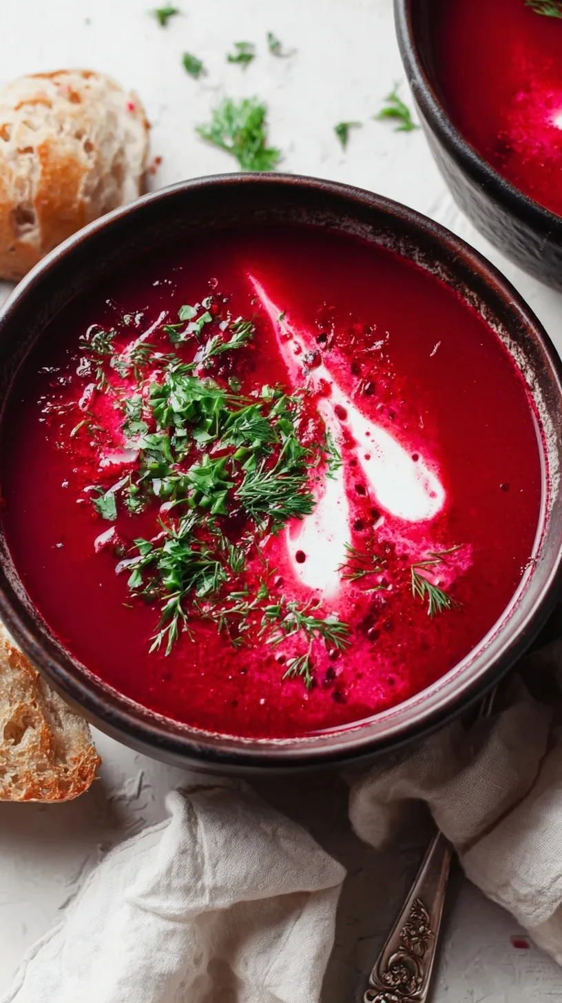A vibrant bowl of homemade beet soup, garnished with a swirl of sour cream and fresh dill, ready to be enjoyed.