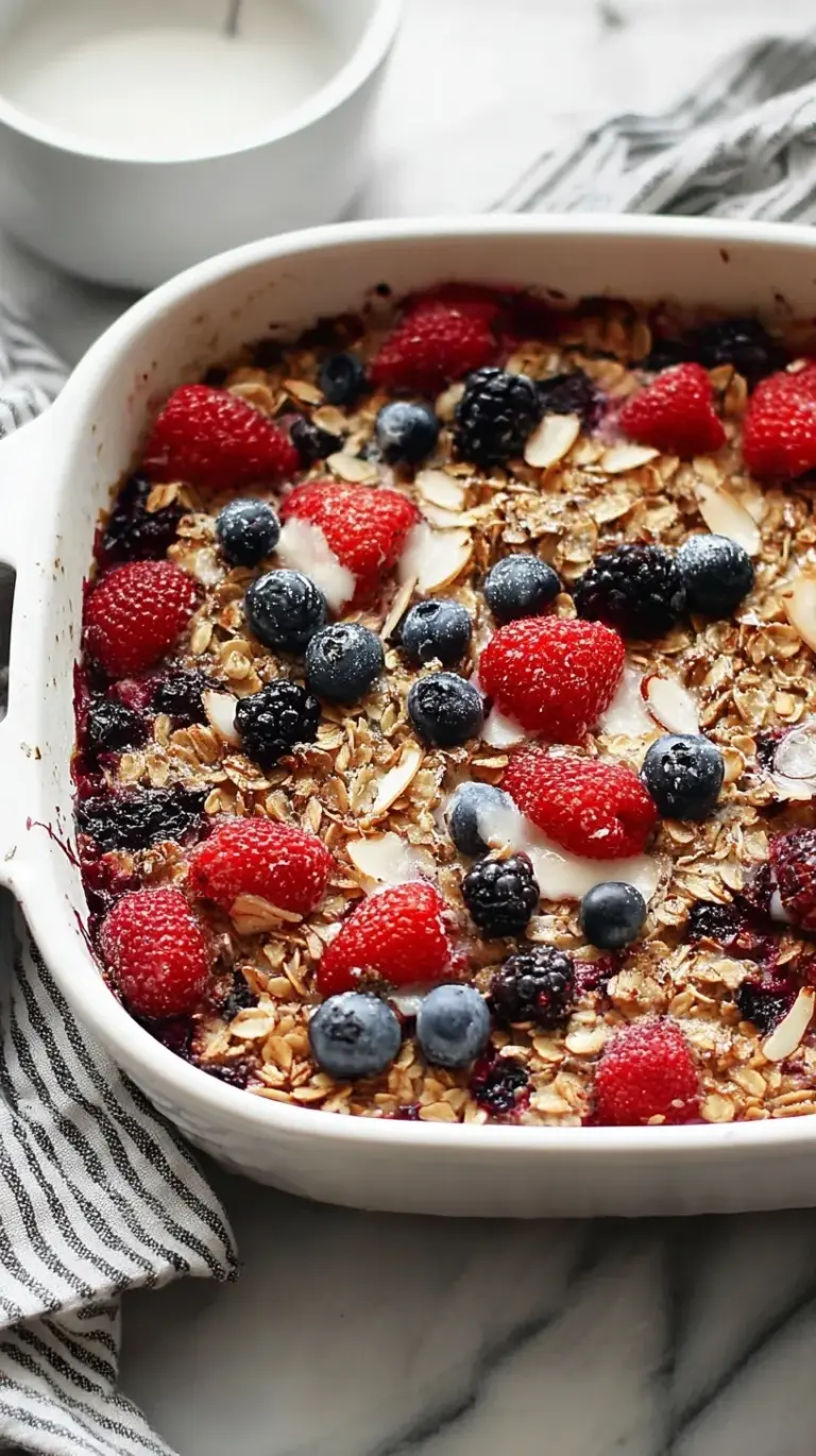 A golden brown dish of berry baked oatmeal topped with fresh raspberries and blueberries
