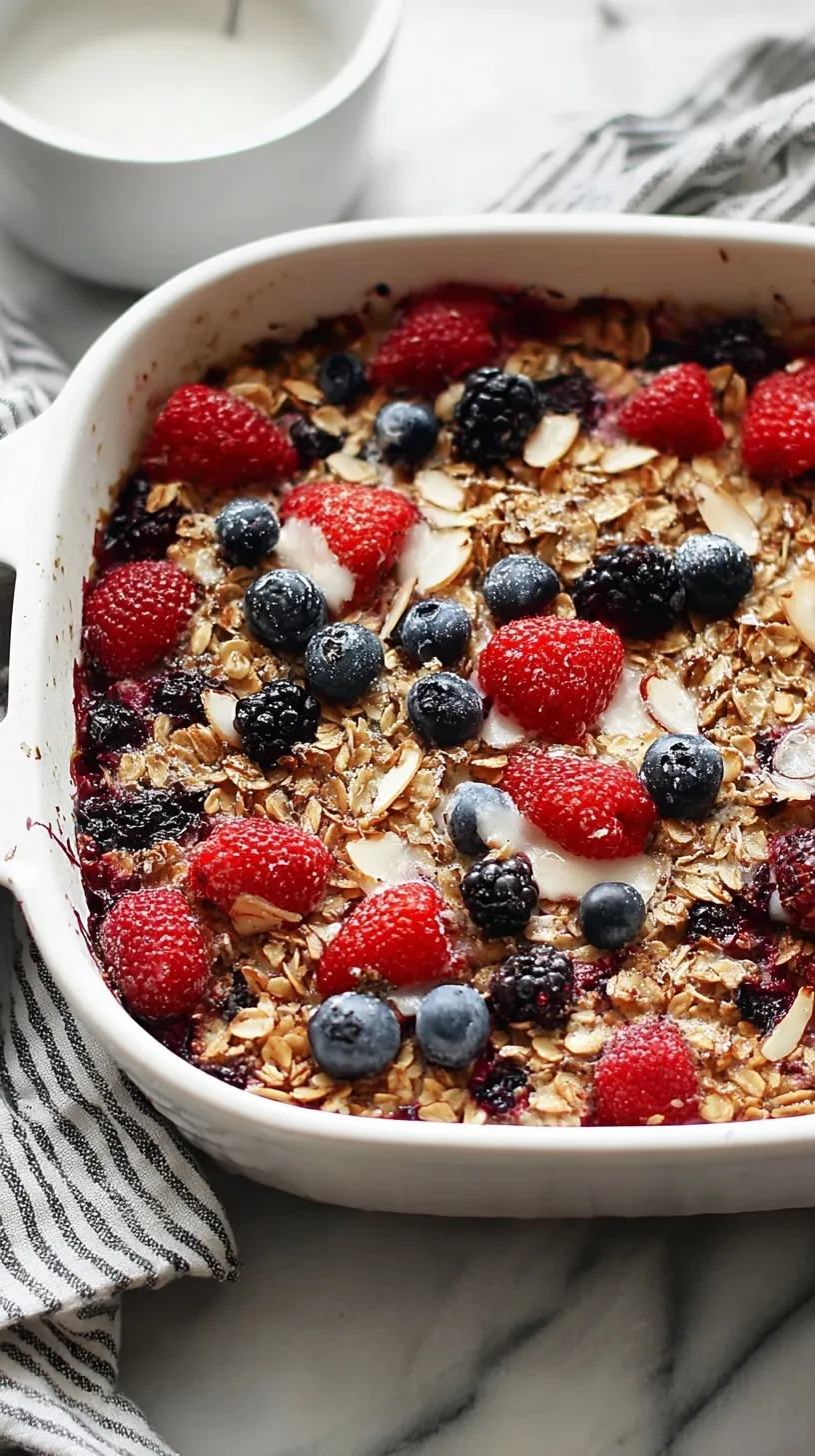 A golden brown dish of berry baked oatmeal topped with fresh raspberries and blueberries