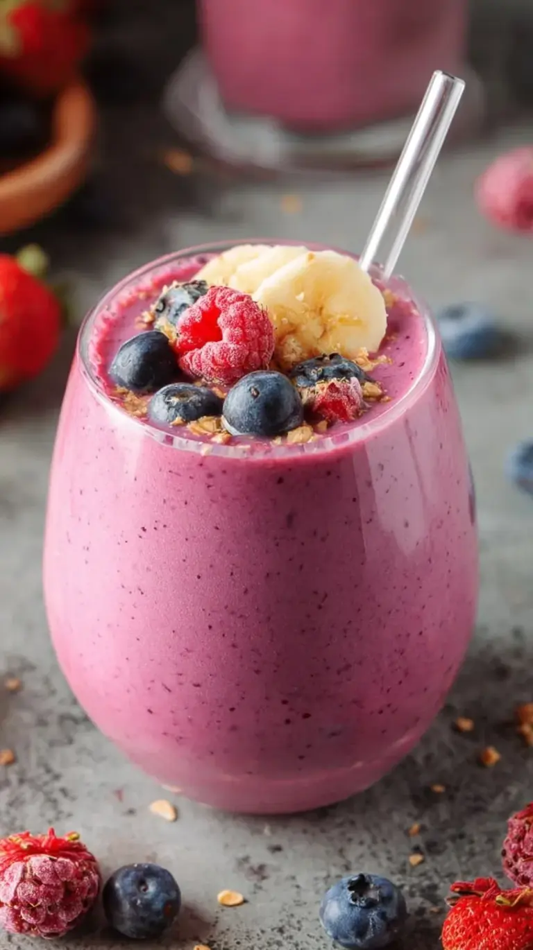 A vibrant purple berry banana smoothie in a tall glass with a straw