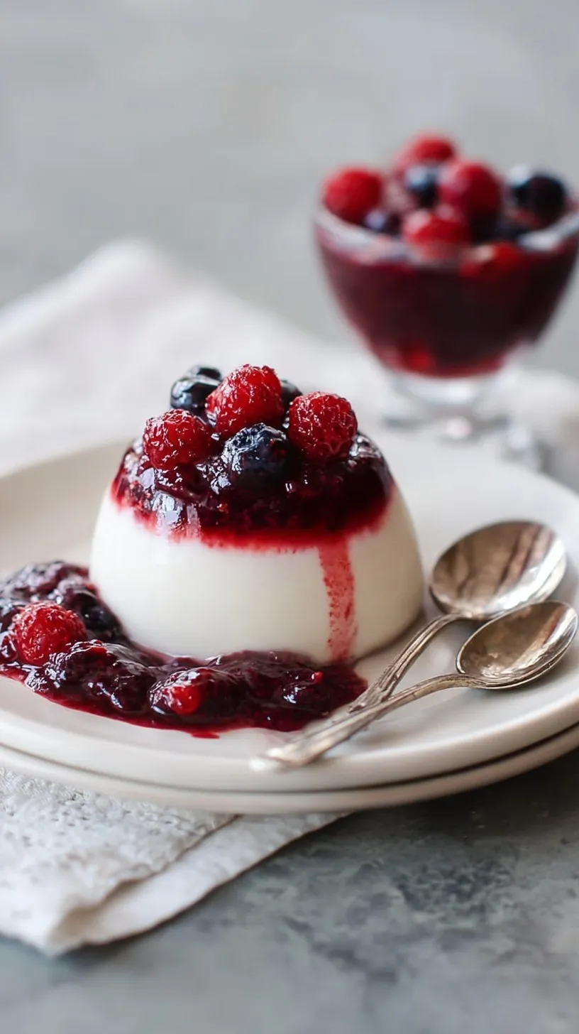 Creamy white coconut panna cotta topped with a vibrant red berry sauce in a glass ramekin.