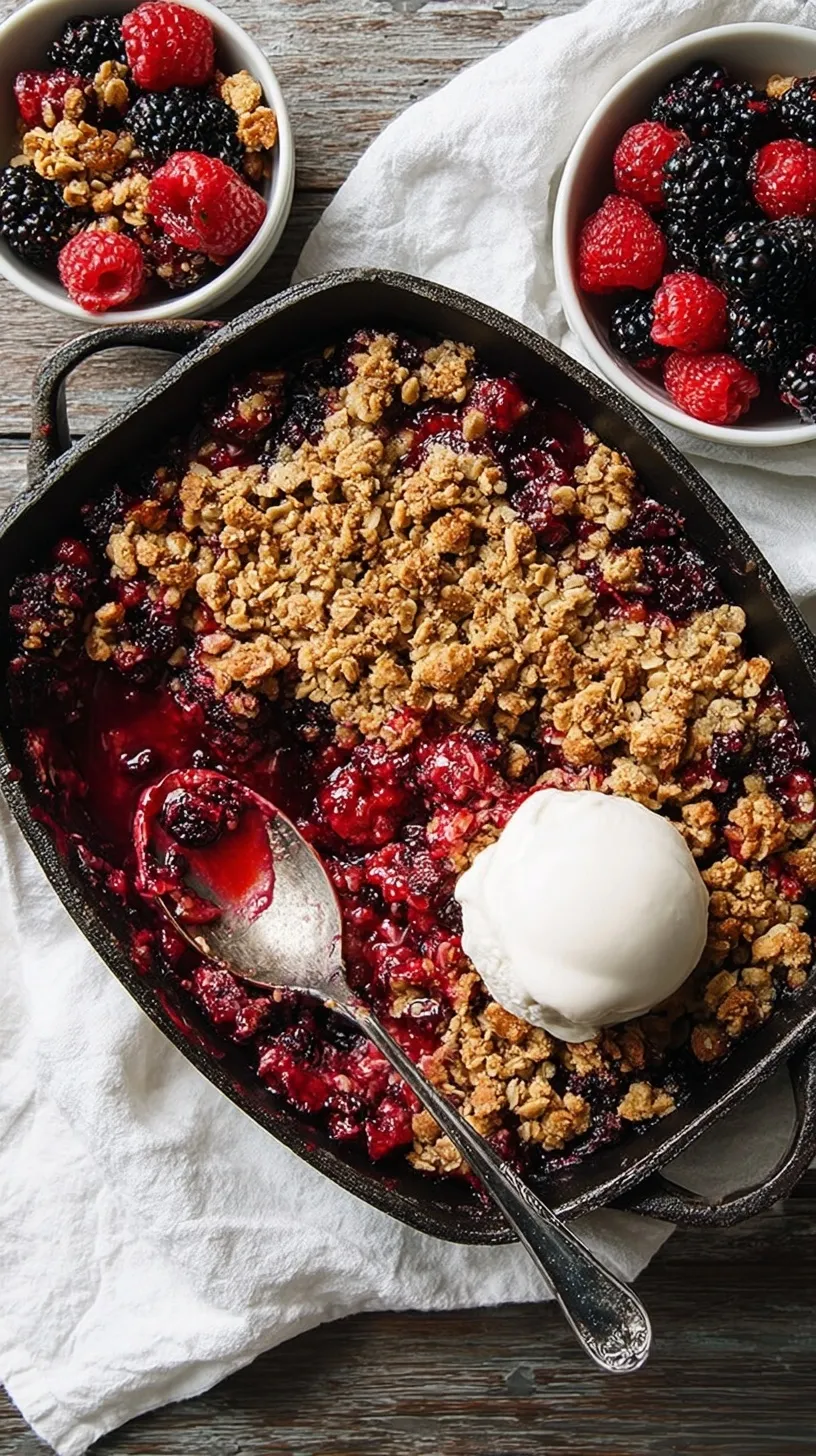 A warm, bubbling berry crisp with a golden oat topping, served in a rustic baking dish, ready to be enjoyed.